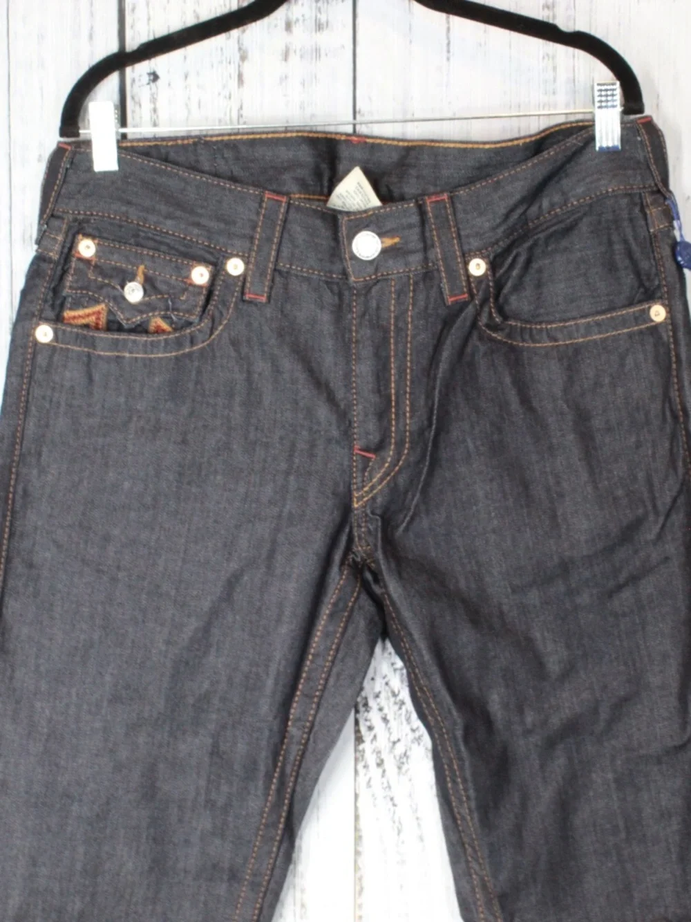 NWT True Religion Straight Flap Jeans Sunset Logo Orange Red Stitch Mens Size 33